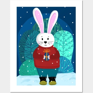 Cute winter bunny with gift illustration Posters and Art